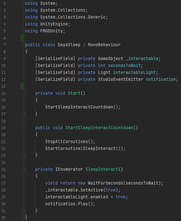C# coroutine script for a timed sleep interaction