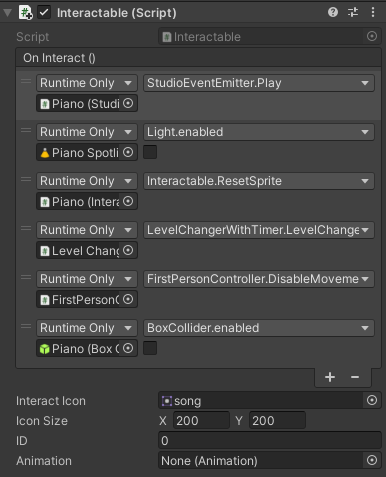 Unity Inspector showing a UnityEvent setup on an Interactable script